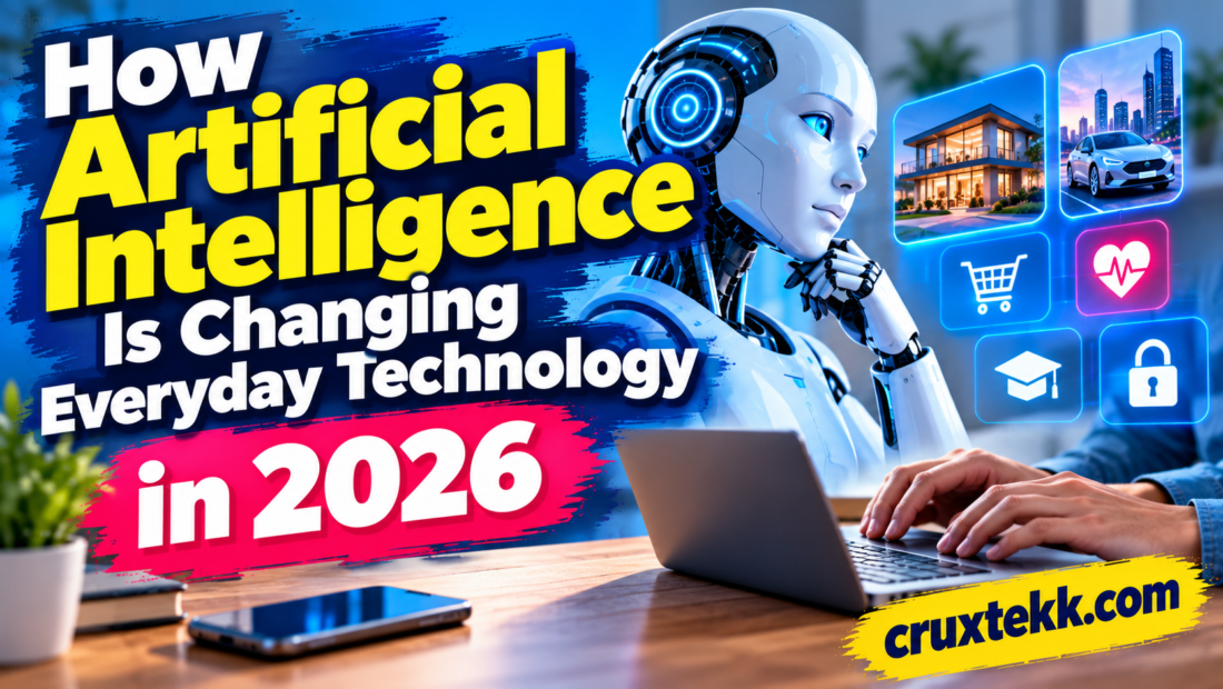 Artificial intelligence changing everyday technology in 2026, featuring a futuristic robot, smart home, electric vehicle, and digital technology icons.