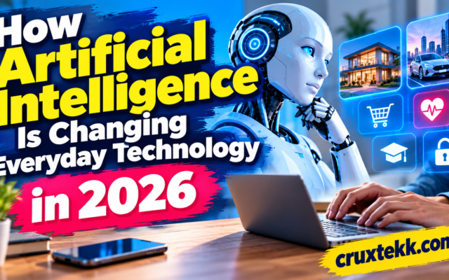 Artificial intelligence changing everyday technology in 2026, featuring a futuristic robot, smart home, electric vehicle, and digital technology icons.